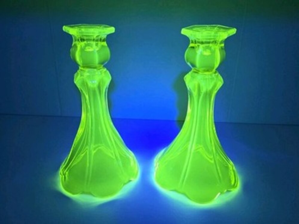 Vaseline Uranium Glass Candlestick Pair "Mayflower" Pattern 1930s